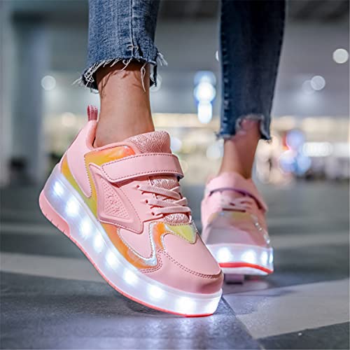 Unisex Kids LED USB Rechargeable Single Double Wheels Trainer Roller Skates Shoes Retractable Lightweight Outdoor Sports Cross Trainers Gymnastic Running Sneakers for Boys Girls - Image 4