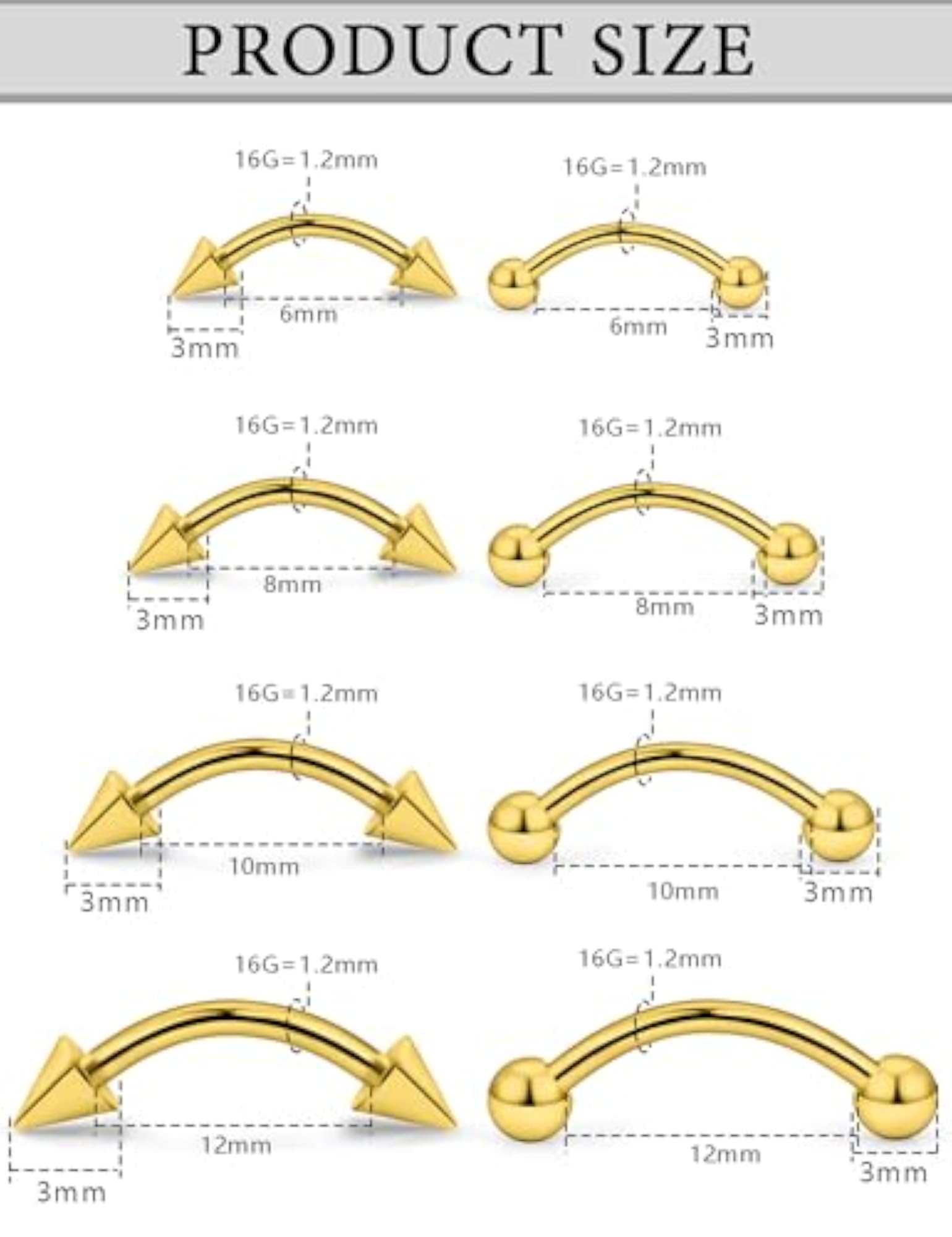 Surgical Steel Eyebrow Piercing Jewelry, Curved Barbell