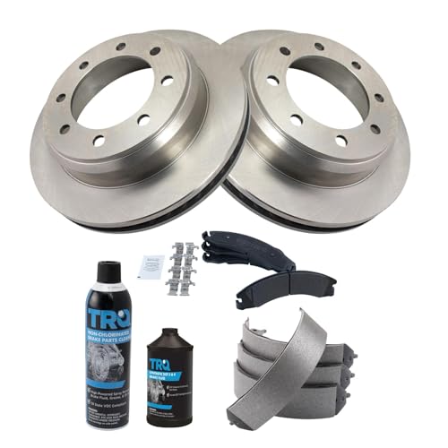 Image of TRQ Rear Brake Pad & Rotor Kit, with Chemical Kit Parking Brake Shoe Set Semi-Metallic Compatible with 2008-2014 Ford E-150 E-250 2008-2021 E-350 Super Duty