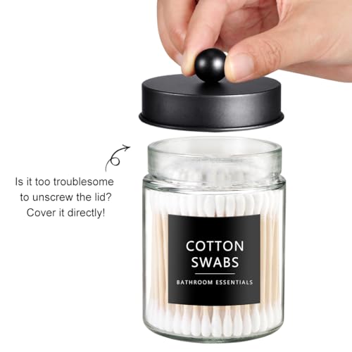 SheeChung 3-Pack Glass Apothecary Jars with Acrylic Vanity Tray - Bathroom Organizer Set for Qtip, Cotton Ball, Floss Picks - Modern Industrial Style Bathroom Accessories Storage Canister (Black)