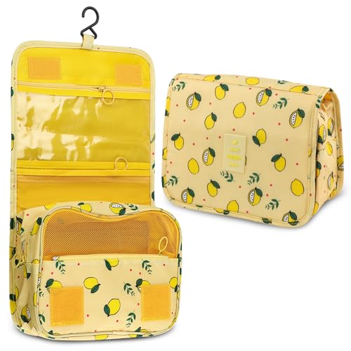 Motroce Foldable Hanging Travel Toiletry Bag,Waterproof Portable Travel Bags, Multifunction Travel Makeup Cosmetic Bag Organizer with Hanging Hook (Yellow Lemon)