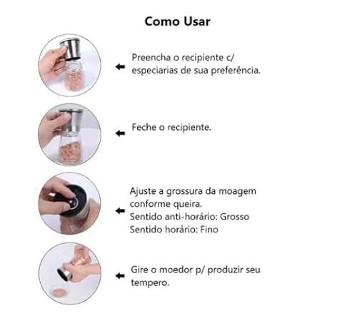 Kit com 2 Moedores para Sal e Pimenta 13cm de Vidro Moedor de Temperos Cerâmica e Tampa Inox Cozinha