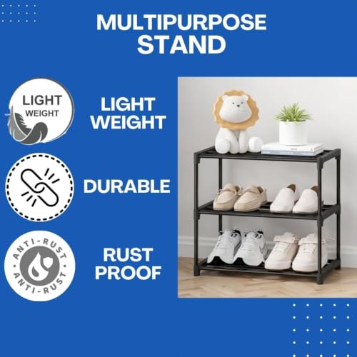 Image of Shoe Rack 3 Layer Shoe Rack for Home Plastic, Thick Strong Pipes for Heavy Load Multipurpose Organizer Rack Shoe, Cloth & Book Storage Shelf for Home, Balcony, Living Room & Workspace