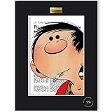Cette affiche offset d'art dérivée de la bande dessinée de Gaston Lagaffe par Franquin est imprimée sur un papier d'art Conquéror Connoisseur 100% coton / 315g. Chaque exemplaire est encadré dans une Marie-Louise noire ornée d’une plaque en étain Akimoff. Edition limitée et numérotée à 99 exemplaires. Dimensions: 30x40cm. Jamais à court d'idées