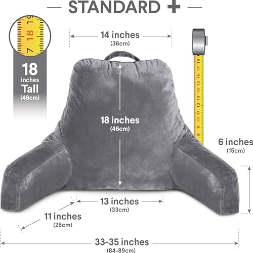 Image of Husband Pillow Dark Grey, Standard+ Original Reading Pillow in Bed Rest Chair, Shredded Memory Foam Large Lounge Cushion Adult Backrest w /Arms, Comfy Back Support for Sit Sitting Up, Removable Cover