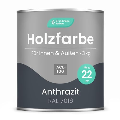 Grundmann Holzfarbe ACL 100 - Holzlack 3 Kg Grau - 4in1 inkl. Grundierung - Seidenmatt - Wetterfest für Innen und Außen - RAL 7016 Anthrazitgrau