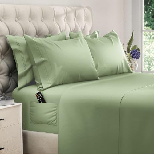 Image of DREAMCARE Queen Sheets - 6 pcs Breathable Cooling Sheets Queen - up to 15 inch | Deep Pocket Queen Sheets Set with Side Pockets - Extra Soft - Queen Sheet Set - Hotel Luxury Queen Bed Sheets - Sage Green