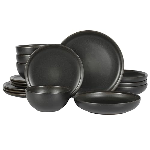 Image of Gibson Elite Beckett Stoneware Matte Reactive Glaze 16 Piece (Service for 4) Plates and Bowls Dinnerware Set - Black