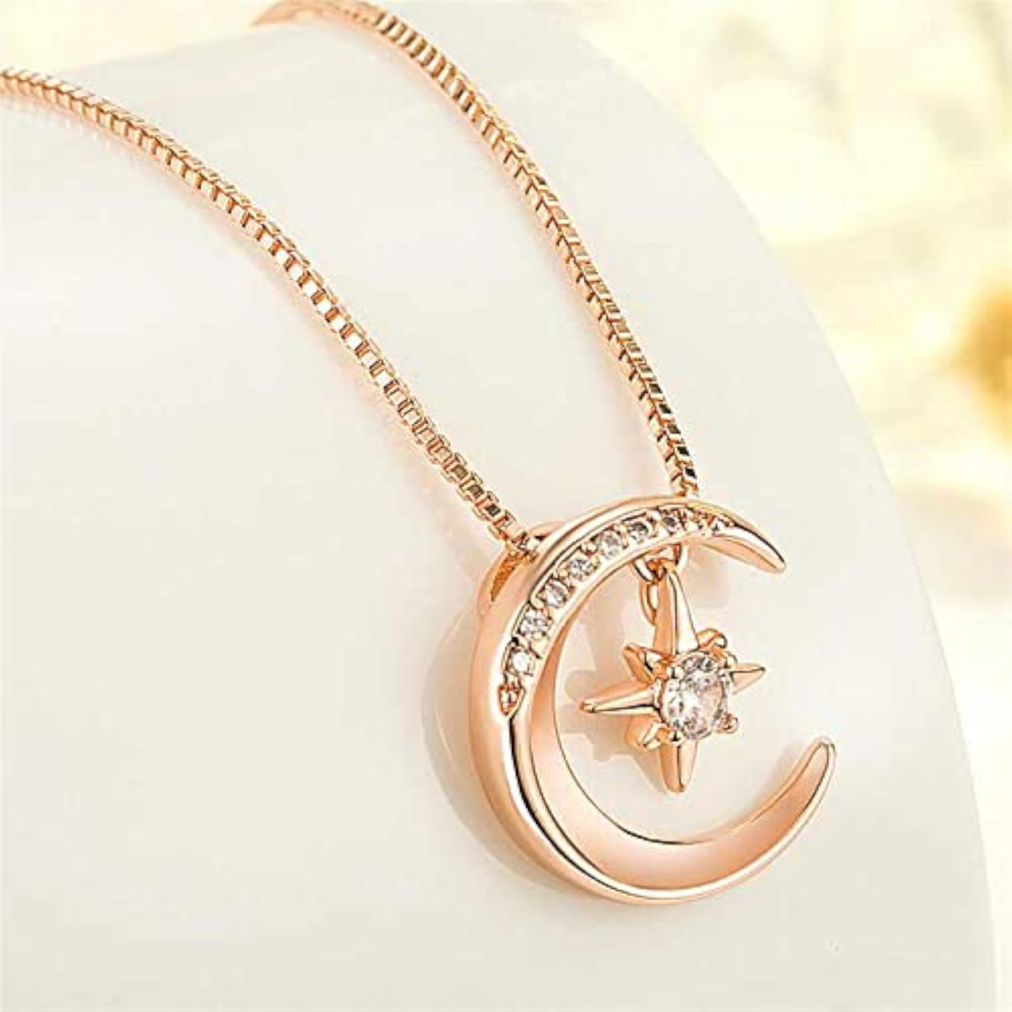 Rose Plated Moon Star Zircon Pendant Necklace
