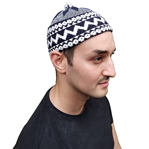 TheKufi® Indigo Blue Cotton Blend Zigzag Beanie Kufi Hat with Ball on Top One-Size3
