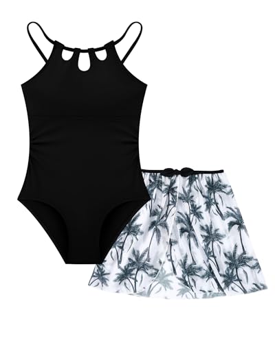 Image of Redair Girls Swimsuit One Piece Swimwear with Tropical Printed Cover Up Skirt Girls Bathing Suits Set 7-16 Years
