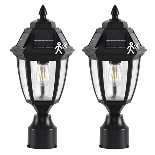 TEBLAMPUE Solar Post Lights 2 Pack, Motion Sensor Post Lantern Without Pier Mount Base, Waterproof Solar Powered Pole Light Fixture for Patio Yard Garden