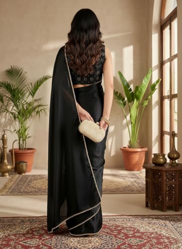 Image of FABIAN FASHION Women's Plain Japan Satin Silk Saree with Pearl Lace Border, Includes Unstitched Matching Blouse Piece - Elegant Saree(AVN 1694)