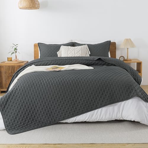Image of Andency Dark Grey King Size Quilt Bedding Set (106x96 Inch), 3 Pieces Soft Lightweight Bedspread Coverlet, Drak Gray Boho Summer Quilt King Size for All Season(1 Quilt, 2 Pillow Shams)
