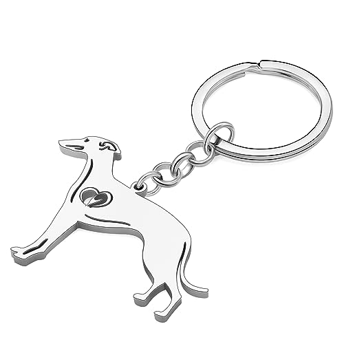 WEVENI Niedlicher Hunde-Schlüsselanhänger, 18 Karat vergoldet, Edelstahl, Schlüsselanhänger, Ring, Zubehör, Charms, Hundeliebhaber, Geschenke für Frauen und Mädchen, Versilbertes Whippet, 44mm x 53mm