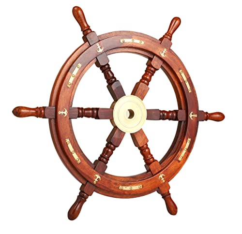 Brainmart Rueda de Barco Náutica Hecha a Mano de Madera, Capitán Pirata, Bienvenido a Bordo, Volante Colgante para Decoración del Hogar (Mango de Madera de Ancla, 18)