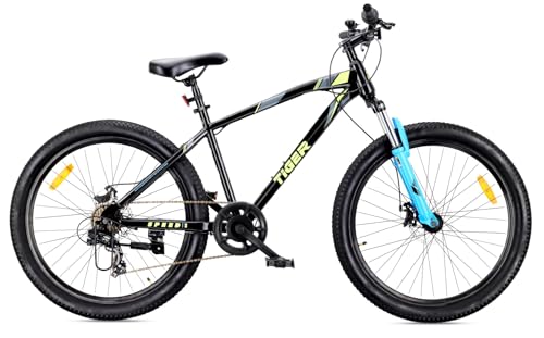 sun baby Tiger Bike Bicicleta de montaña 26 Pulgadas, Bicicleta 26' MTB para niños y Hombres - Cuadro de Acero, 7 velocidades, Frenos de Disco, Amortiguador - Negro-Verde-Azul