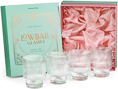 GLASSIQUE CADEAU Vintage Art Deco Lowball Ribbed Cocktail Glasses | Set of 4 | 12 oz Crystal Double Old Fashioned Tumblers for Drinking Classic Whiskey, Gin, Vodka Bar Drinks | Round Short Glassware