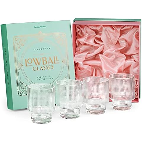 GLASSIQUE CADEAU Vintage Art Deco Lowball Ribbed Cocktail Glasses | Set of 4 | 12 oz Crystal Double Old Fashioned Tumblers for Drinking Classic Whiskey, Gin, Vodka Bar Drinks | Round Short Glassware Cover
