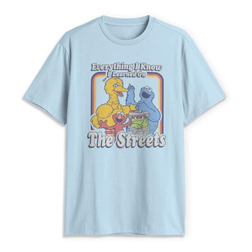 Mens Sesame Street T-Shirt - Everything I Know I Learned on The Streets - Short Sleeve Crew Graphic Tee Official Sesame Street Shirt Light Blue