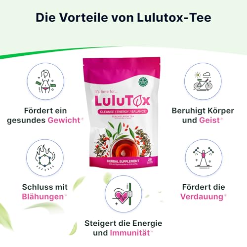 LULUTOX Detox Tee zum Abnehmen – Natürliche Kräutermischung mit Löwenzahn, Ginseng & Ingwer – Unterstützt Abnehmziele, Verdauung, Blähungen & Wohlbefinden in den Wechseljahren – Vegan (28 Teebeutel)