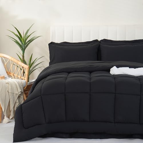 DOWNCOOL Queen Comforter Set, 7Pcs Bedding Sets Queen Black, All Season Down Alternative Bed in a Bag Queen with Comforter, Flat Sheet, Fitted Sheet, 2 Pillow Shams & 2 Pillowcases