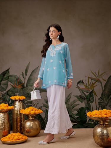 Image of Ada Hand Embroidered Lucknow Chikankari Georgette Short Kurti Top with Slip for Girls & Women A911299 Blue (XL)