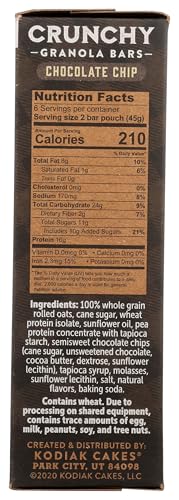 Kodiak Crunchy Granola Snack Bars, Chocolate Chip, High Protein, 100% Whole Grains, 1 box with 6 pouches (12 bars) - Thumbnail 2