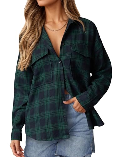 Oyamiki Ladies Flannel Cotton Plaid Shirt Long Sleeve Button Down Fall Shirts Tops Casual Green Plaid Shirt Women S