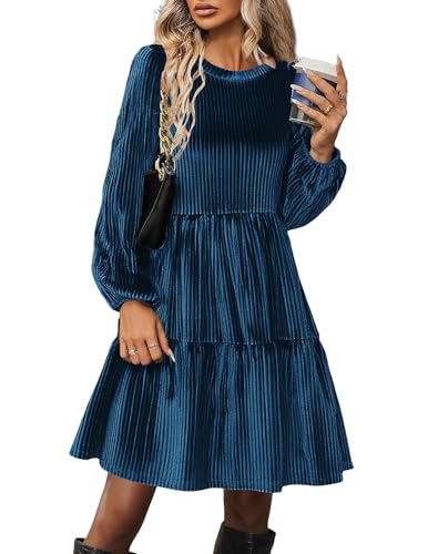 Zeagoo Damen Kleider Langarm Elegant Samtkleid Rundhals Rüschen A-Linie Freizeitkleider Hohe Taille Festlich Winter Kleid mit Taschen Navy Blau L