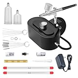 Airbrush Gun Kit with Air Compressor - Small Plug-in Dual-Action Spray Paint Gun, Includes 0.2/0.3/0.5mm Nozzles for Nail Art, Furniture Repair & Artistic Painting (Upgrade Set)