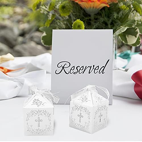 Baptism Favor Boxes,QMET 50Pcs Cross Favor Boxes 2 x 2 x 3 Inches Laser Cut Hollow Cross with 50 Ribbons and 50 Cross Tags, Great for Christian Baby Shower Wedding Party Decorations - White