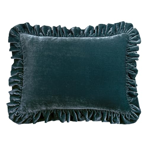 HiEnd Accents Stella Faux Silk Velvet Storm Blue Ruffled Dutch Euro Pillow