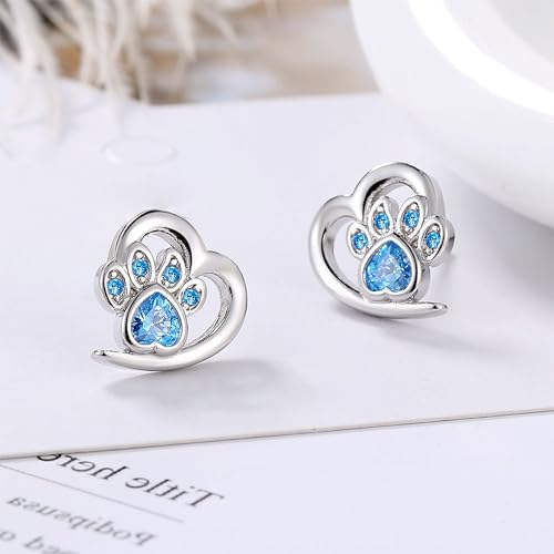 Paw Earrings for Women Sterling Silver Blue Heart CZ Paw Print Stud Earrings Sweet Cute Puppy Cat Dog Paw Earrings Hypoallergenic Animal Lovely Gifts for Pet Lovers Daughter Birthday3