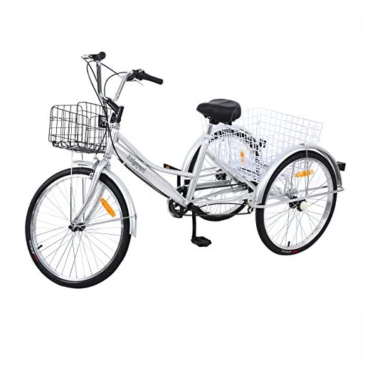 Yonntech Triciclo para Adultos 24" 7 velocidades Bicicleta para Adultos Bicicleta 3 Ruedas Bicicleta Ciudad Bicicleta Mujer con Cesta (Plateado)