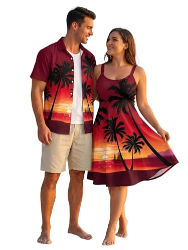 ROSE GAL Matchable Couples Tropical Coconut Tree Ombre Hawaiian Men Shirt and Women Vintage Vintage Sleeveless Dress Midi Dress Matching Couple Outfits(Men/Red_1/L)