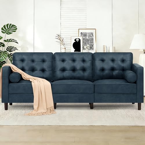Image of 84 inch Suede Leather Sofa with 2 Soft Pillows, Blue | Tufted Modern Sofa with Sturdy Wooden Legs, 3 Seats Couch for Living Room, Office, Bedroom