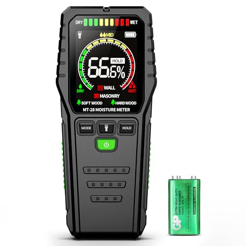Feuchtigkeitsmessgerät für Wand & Holz – Zerstörungsfreies Feuchtemessgerät und Feuchtigkeitsmesser mit Batterie für Brennholz, Putz, Decke, Boden und Baustoffe