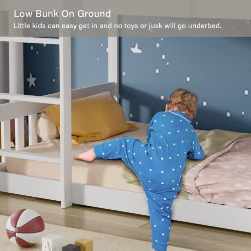 Joymor Solid Wood Low Twin Over Twin Bunk Bed For Kids/Toddlers/Junior, Bunk Bed Frame With Guardrails & Ladder For Boys Girls, No Box Spring Needed, White #TOP4