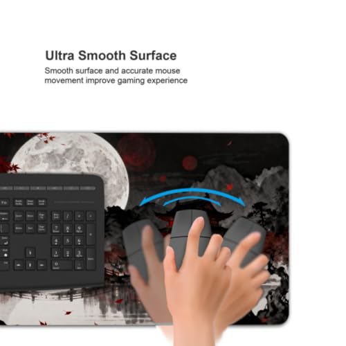 Image of Watercolor Japanese Mouse Pad 35.4x15.7 XXL Black Red Lake Pavilion Tree Anime Design Extended Large Mousepad Keyboard Mouse Mat Desk Pad with Non-Slip Rubber Base Stitched Edges for Home Office Game