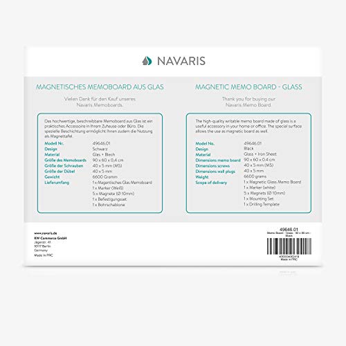 Navaris Pizarra magnética de Vidrio - Tablero de Notas de Cristal de 90 x 60 CM - Tablón de recordatorios con rotulador imanes y Soporte - En Negro - imagen 7
