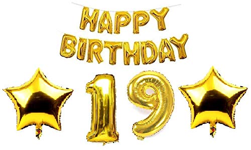 Haven's treasure® "19th HAPPY BIRTHDAY" FOIL BALLOON GOLD+STAR Name Decoration Letter Foil Balloon Letter Balloon (Gold, Pack of 16) (19 HBY GOLD STAR)