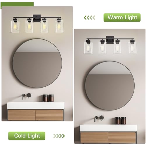 Image of 4 Light Bathroom Vanity Light - Matte Black Bathroom Light Fixtures Square Design & UL Certification, Square Light Fixture Over Mirror, Farmhouse Light Fixtures for Bathroom & Bedroom