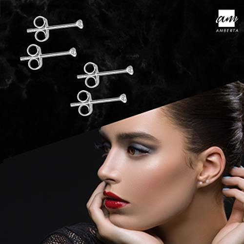 Amberta 925 Sterling Silver - Pairs of Earrings for Women - Ear Piercing Studs - Small Size