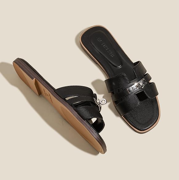 Women's Flat Sandals Casual Slip On H-Band Slippers for Women Square Open Toe Leather Dressy Summer Beach Vacations Slides Sandals4