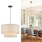 VILUXY Drum Fabric Pendant Light Farmhouse White Chandelier Double Drum Shade Hanging Ceiling Light Fixture 3 Lights Linen for Bedroom Dining Room Living Room Entryway