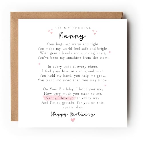 The Little Party Company Nanny Birthday Poem Greeting Card Modern Watercolour Style Blank Inside 15x15cm with Kraft Envelope