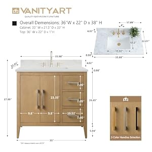 Vanity Art 36 inch Bathroom Vanity with Single Sink Ceramic Top Vanity Cabinet with Soft Closing Doors Drawers Solid Wood Frame Natural OakVA9036 NO GB1
