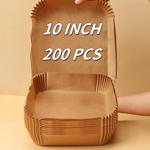 10 Inch Air Fryer Liners Disposable, 200Pcs Air Fryer Paper Liners, Oil-Proof & High-Temperature Resistant Parchment Baking Paper for Air Fryer, Microwave and Oven(Bottom Is 9 Inch)