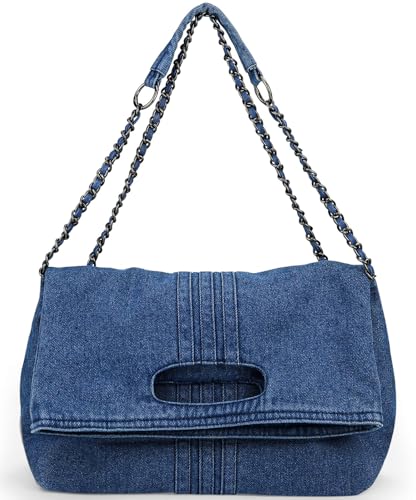 Farcauo Denim Purse for Women Trendy Jean Purses Women's Denim Tote Bag Dark Blue Jean Shoulder Bag Large Crossbody Bags with Chain